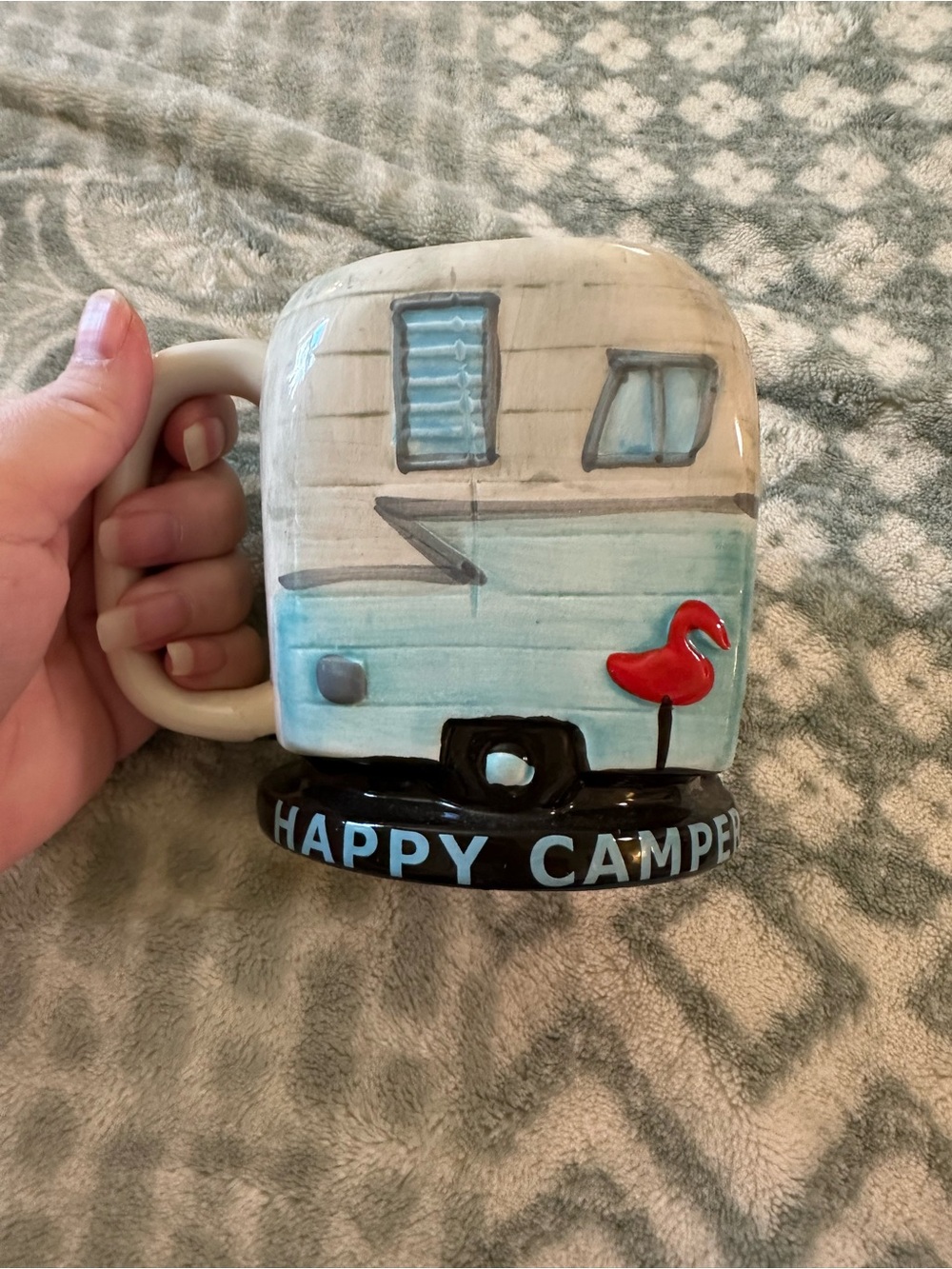 Happy Camper Ceramic Camper Mug in Light Blue with Red Flamingo Accent